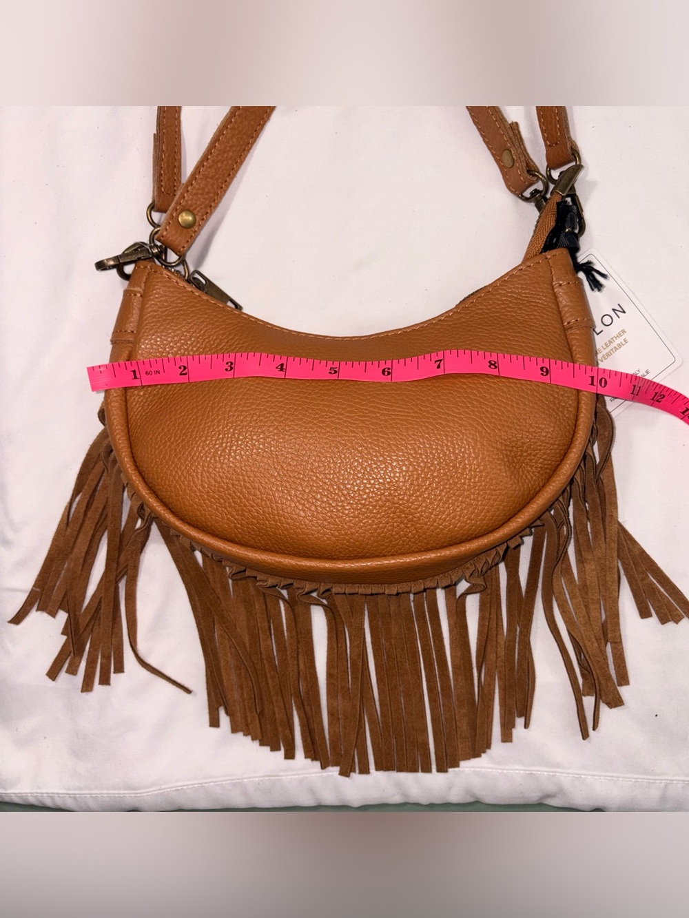 NWT Marlon Italy Leather Fringe Hobo Crossbody Bag Camel Brown Boho - Picture 12 of 14